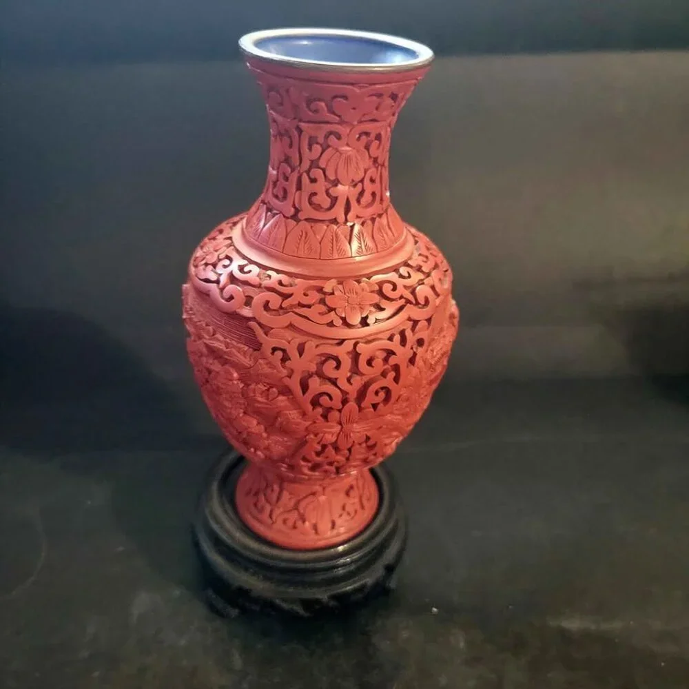 Vintage Chinese Carved Cinnabar Lacquer Vase Dating To The Mid-20th Century